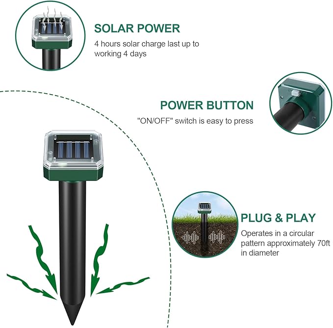 Mole Repellent for Lawns 8 Pack, Solar Powered Mole Repeller Ultrasonic Gopher Deterrent, Outdoor Waterproof Vole Vibration Stakes,Sonic Spike for Rodent Groundhog Snake Chipmunk