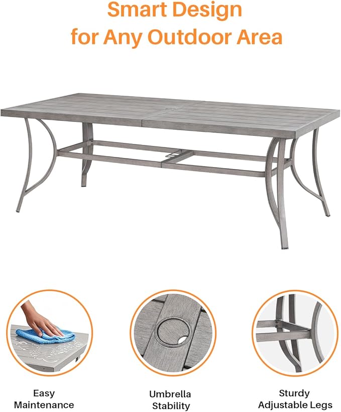 SEEHILL Aluminum Outdoor Dining Table for 8, 84" Rectangle Patio Dining Table with 2.2" Umbrella Hole, 8 Person Outdoor Dining Tables for Deck, Backyard, Garden, Poolside, Limed Oak