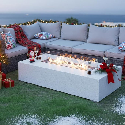 Outdoor Propane Fire Pit Table - 56" White Rectangle Terrazzo Finish Fire Table, Certified, 50000 BTU Stainless Steel Burner with Transparent Blue Fire Glass and Raincover