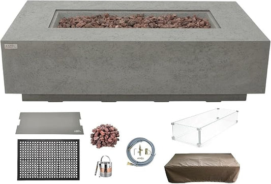 AMS Creations | Madison 60" Bundle Rectangular Natural Gas Outdoor Fire Pit Table | Light Gray Concrete GFRC | Limestone Texture or Surface | Electronic Ignition | Outside Backyard Fireplace