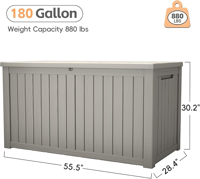Outdoor Storage Box, 180 Gallon Waterproof Resin Deck Box, Storage Bin for Package Delivery, Patio Furniture Cushion, Garden Tools, Pool Accessories, Weatherproof and UV Resistant, Grey