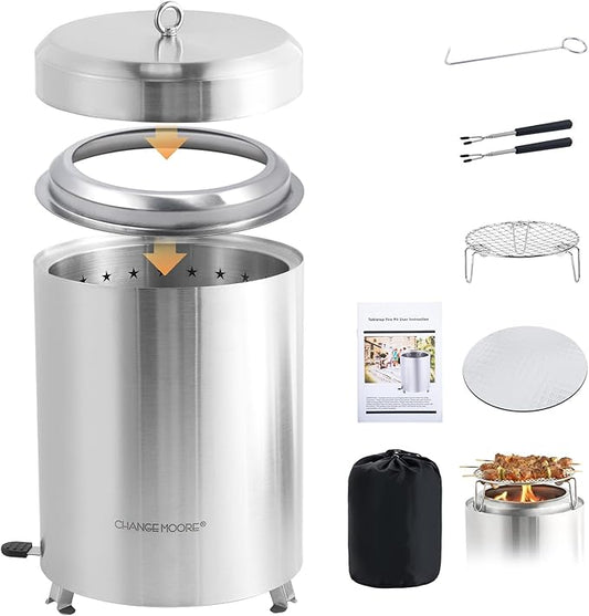 CHANGE MOORE Table Fire Pit Set, Portable Smokeless Firepit with Flodable Stand, Secondary Burn Fueled by Pellets or Wood, 201 Stainless Steel Table Top Firepit for Patio, Camping, Backyard