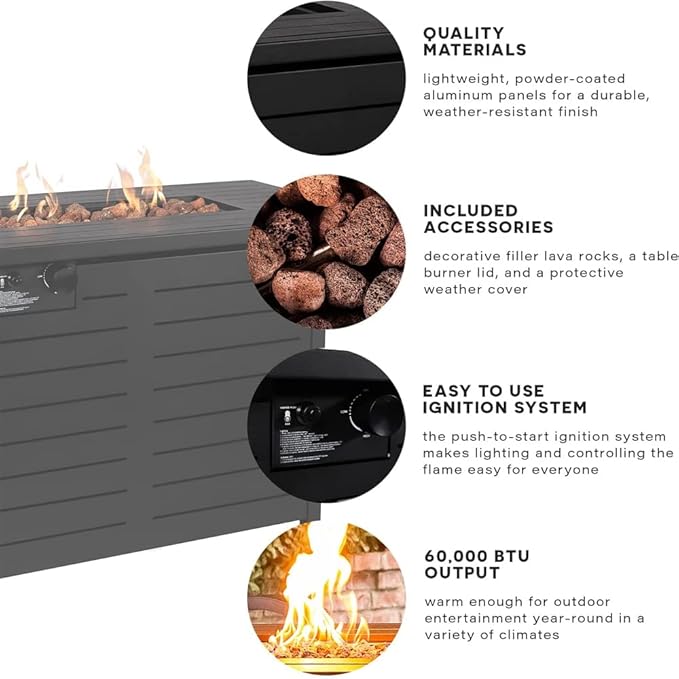 42" Outdoor Propane Fire Pit Table, Patio Rectangular Gas Fire Pit 2 in 1 Coffee Table with Firepit, 50,000 BTU, Waterproof Cover, Powder-Coated Stainless Steel with Lava Rock, CSA Certified