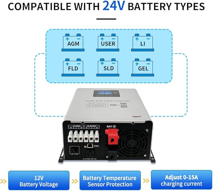 Ampinvt 1200W Pure Sine Wave Inverter with AC Charger, DC 24V to AC 120V Output,UPS Backup Power Low Frequency Inverter for Lithium, Sealed,AGM, Gel,and Flooded Batteries