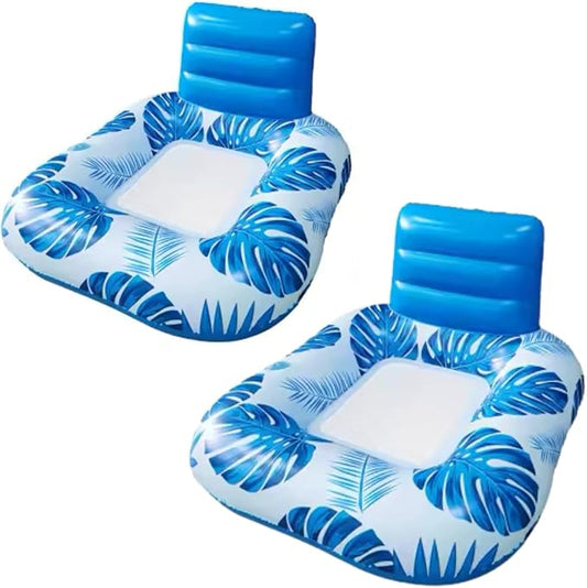 Square Inflatable Pool Lounger with Backrest (Two Pack), Tropical Palm Leaf Float for Adults, Relaxing Pool Raft with Cooling Mesh Seat