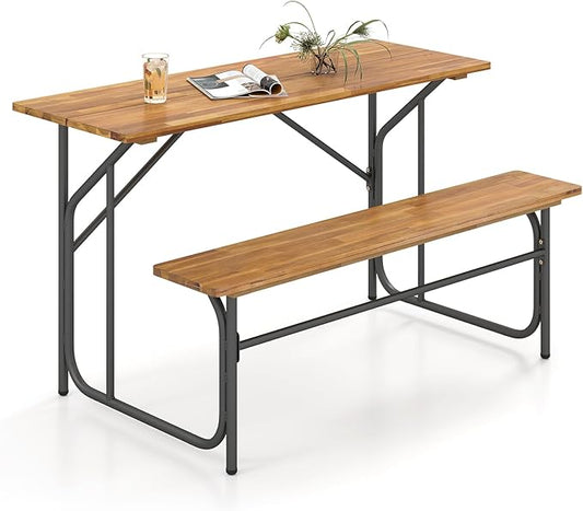 Tangkula Patio Dining Bench Set, Heavy-Duty Outdoor Acacia Wood Dining Furniture with Metal Legs for Balcony, Backyard, Poolside, Garden (1,52” x 32” x 29.5”)