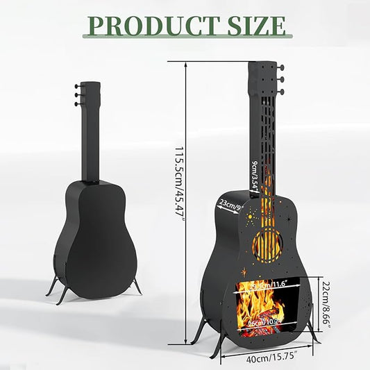 Outdoor Fire Pit for Wood Burning, Fire Pits for Outside, Guitar Shaped Chiminea Outdoor Fireplace, Wood Firepit for Patio, Portable Fire Pit for Camping