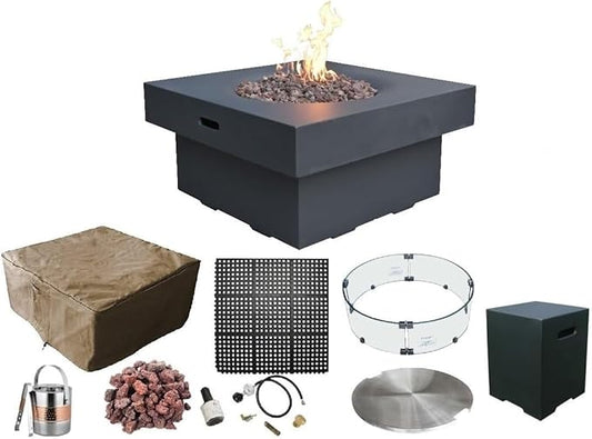 AMS Fireplace | Modeno Branford Package | Black Liquid Propane Gas Fire Pit Table for Outside Patio Bundle with Tank Cover, Wind Guard | Free Ice Bucket & Rubber Mat