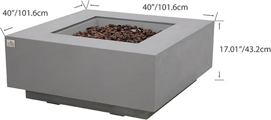 AMS Creations | Brooklyn 40" Bundle Square Natural Gas Outdoor Fire Pit Table | Light Gray Concrete GFRC Smooth Texture Surface Fire Pit Table