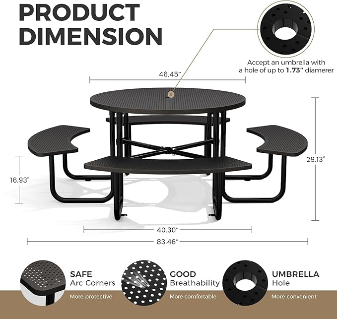 KUFUH 46" Coated Round Metal Picnic Table for 4-8 Person, Durable Heavy Duty Commercial Picnic Table with Umbrella Hole for Outdoor Coffee Shop, School, Easy to Install, Black