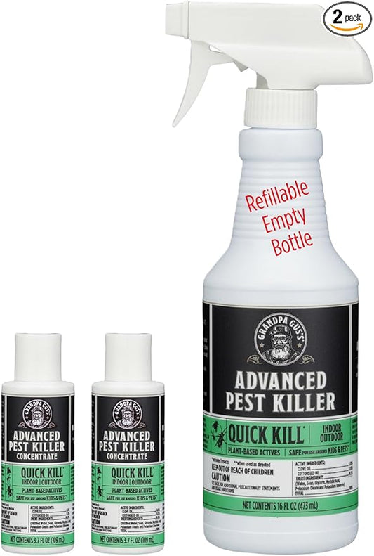 Grandpa Gus's Advanced Natural Pest Control with Clove & Cottonseed Oil - Indoor/Outdoor Insect Killer for Spiders, Ants, Roaches, Earwigs & Bed Bugs, Pet-Friendly, Concentrate 2 Pack + Spray Bottle
