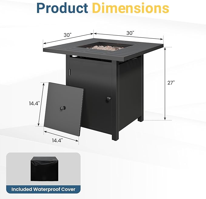 30'' Propane Fire Pit Table, 50000 BTU Gas Fire Pits Table with Removable Lid and Lava Rock, Square Fire Table with Cover, Ideal for Dining or Party on Patio, Garden, Yard, Black