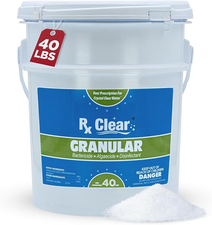 Rx Clear 40 lbs Granular Pool Chlorine | Use As Bactericide, Algaecide, & Disinfectant in Swimming Pools, Hot Tubs, & Spas | Stabilized, Fast Dissolving & UV Protected