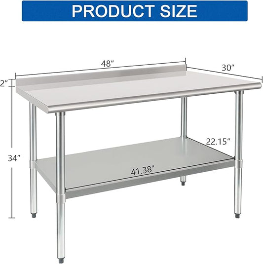 HARDURA Stainless Steel Prep & Work Table 30 x 48 Inches NSF Heavy Duty Commercial with Undershelf and Backsplash, Galvanized Legs for Commercial Food Prep