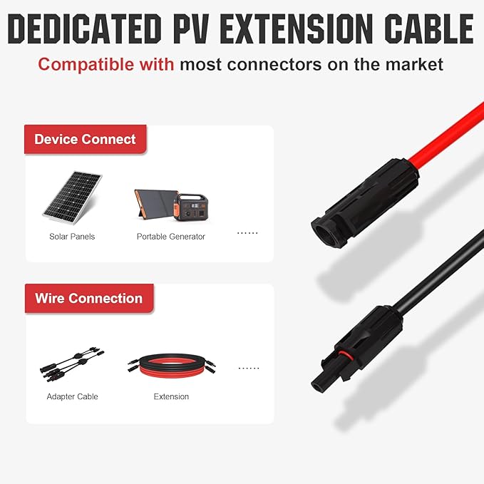 ECO-WORTHY 20FT 10AWG Solar Extension Cable 30A/1000V DC, IP67 Waterproof with Compatible Quick Connectors (Red+Black) for Solar Panels, Controllers, Off-Grid Systems
