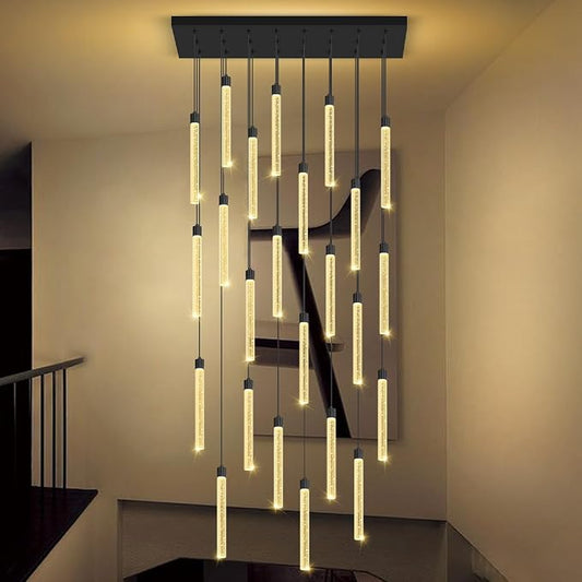 24-Lights Black Modern Rectangular Crystal Chandeliers LED Dimmable Pendant Light for Kitchen Island Dining Room Entrance Foyer Living Room Adjustable Height