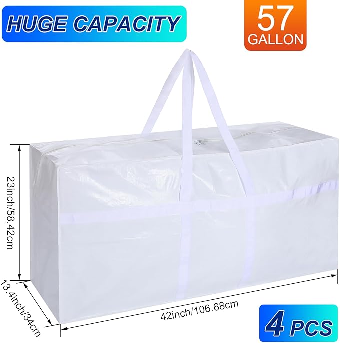 Windyun 4 Pack 57 Gallon Extra Large Storage Bags XXL Moving Bags with Zipper Handles Heavy Duty Jumbo Big Tote Box for Christmas Tree Storage 4, 5, 7.5, 9, 10, 12 ft Skeleton College Dorm(White)