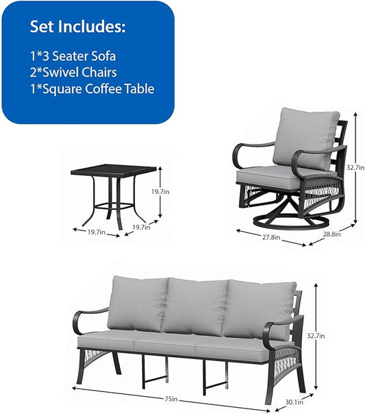 4 Piece Patio Furniture Set, All Weather Metal Outdoor Conversation Set with Swivel Chairs, Thick Cushions and Coffee Table for Garden, Porch, Lawn, Grey