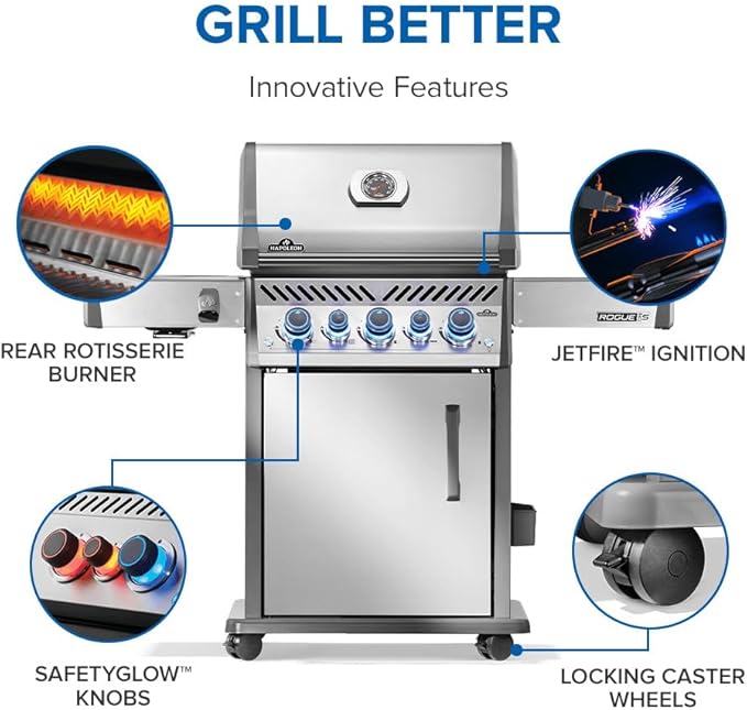 Napoleon Rogue PRO-S 425 Natural Gas Grill with Infrared Side and Rear Burners, Stainless Steel, Durable 5-Burner Precision Cooking