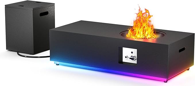 48 inch Propane Fire Pit Table LED, 2 in 1 Rectangular Outdoor Fire Pit with 20lb Tank Cover, Outside Patio Deck and Garden, Gas Fireplace Table with Lid and Stone, 50,000 BTU Adjustable Flame