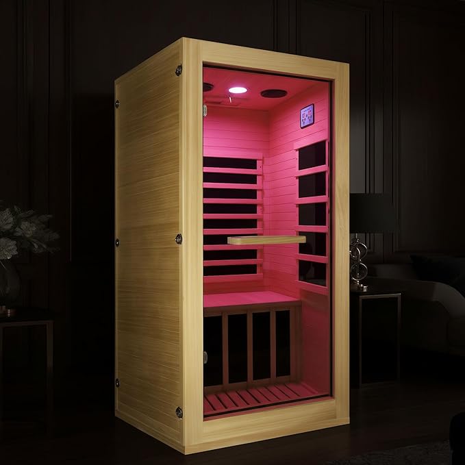 Infrared Sauna Room Indoor Saunas Home Obeche Wood 900W Low-EMF Dry Saunas Single Person Spa with 7 Color Light 32.3 * 28.3 * 61.4 inch