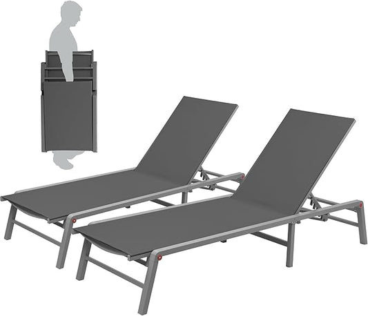 Kozyard 2 Packs Lounge Chair Outdoor Foldable Lounge Chair with 5 Adjustable Backrest Patio Lounger, Assemble-Free, Recliner and Full Flat Chair for Patio Beach Pool (2 Gray Textilence W/O Table)