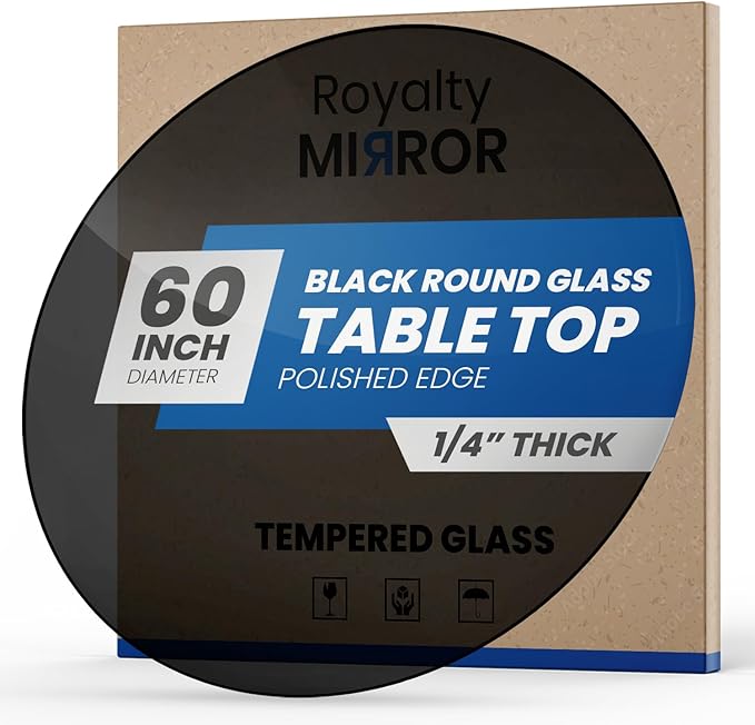 Royalty 60" Inch Round Tempered Glass Table Top – Clear Table Top Glass – Useful for Replacement, Tabletop Protector, Patio, Dining, Coffee, Desks - 1/4" Black Polished Edge
