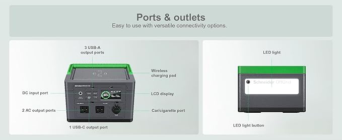 Schneider OffGrid 332Wh Portable Power Station, PPS330 Portable Solar Generator with Wireless Charging Pad, for Camping or Home