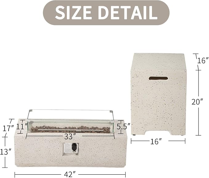 SUNBURY Outdoor 42 Inch Propane Fire Pit Table, Rectangle Fire Table w Tank Table, 40,000 BTU Spotted White Patio Gas Fire Table w Glass Wind Guard, Waterproof Cover, Lava Rocks