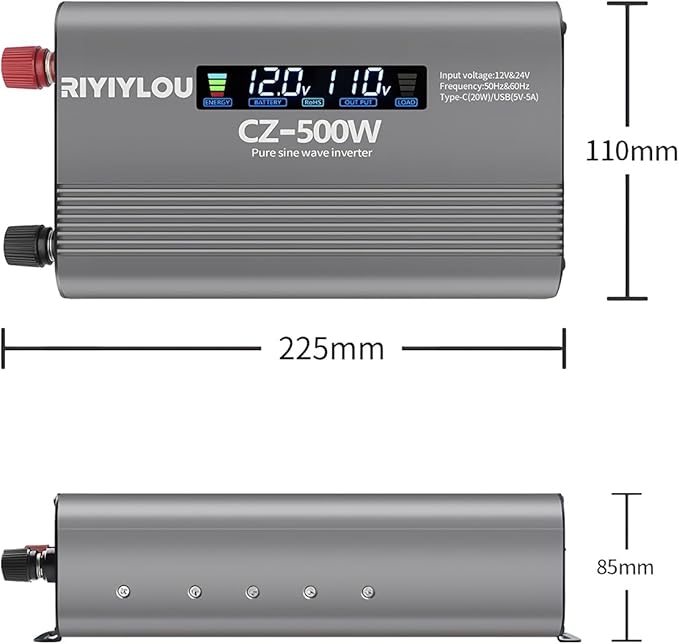 500W Pure Sine Wave Inverter (1000W Peak), 12V/24V Auto-Detect, 50Hz/60Hz Switchable, LCD Display, Type-C Fast Charging, Silent Design, Overload & Overheat Protection for RV, Home (500W)