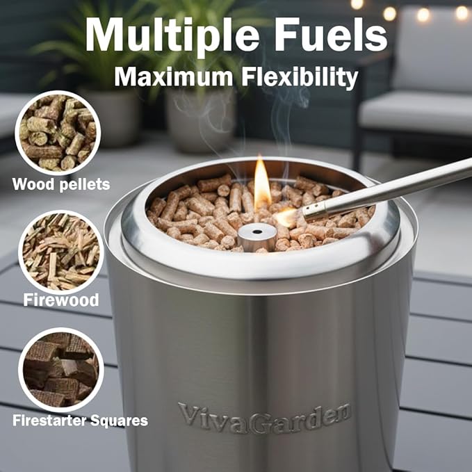 9.7 x 7.1 inch Tabletop FirePit, VivaGarden Portable Fire Pit Outdoor, Wood and Pellets Burning Camping Stove with Carry Bag, Forks, Mat and Pot Stand (Silver)