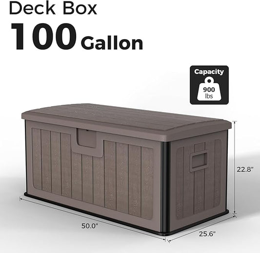 Outdoor Storage Deck Box 100 Gallon, UV Resistant & Waterproof Deck Box with Double-Wall Construction, Lockable Storage Bins Container for Pool Patio Garden