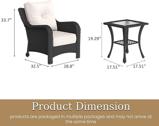 3 Piece Patio Furniture Set, All-Weather Wicker Outdoor Conversation Set with Rattan Chair and 6 Inch Thick Cushions