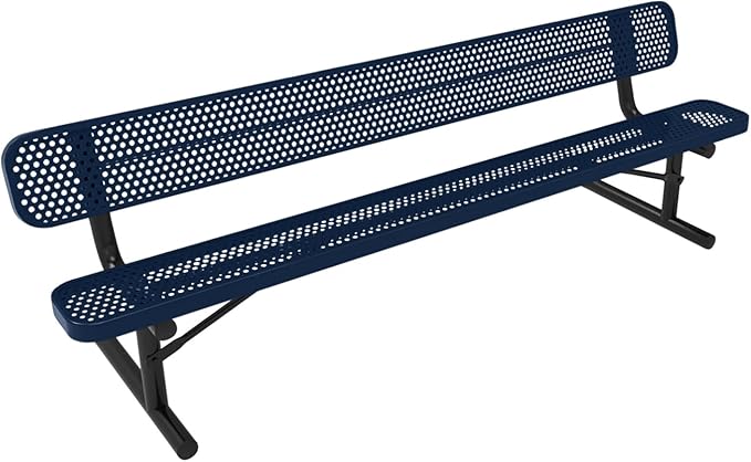 COATEDOUTDOORFURNITURE Heavy-Duty Portable Outdoor Bench Thermoplastic Coated, Punched Steel, Commercial-Grade Seating, Made in America (Portable with Back, 8 Ft, Textured Dark Blue)