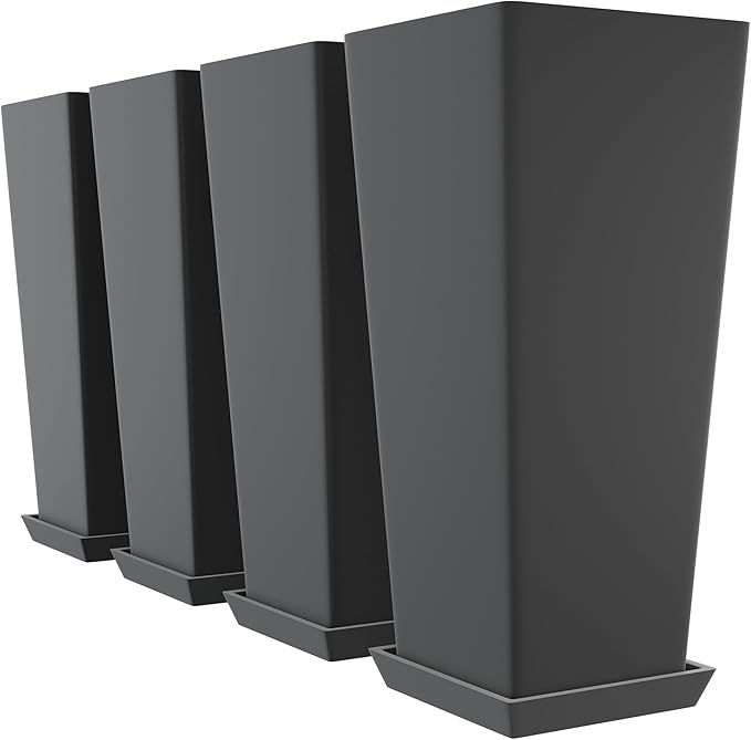 Set of 4 24" Tall Plastic Planters with Trays, Large Tapered Plant Pots for Indoor Outdoor Use, Modern Decorative Planters for Porch, Patio, Garden, and Backyard