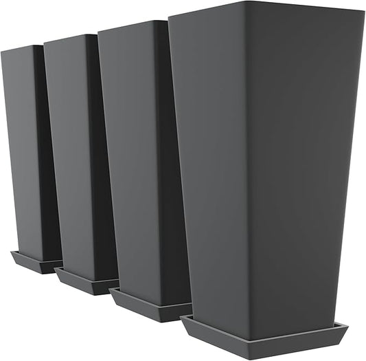 Set of 4 24" Tall Plastic Planters with Trays, Large Tapered Plant Pots for Indoor Outdoor Use, Modern Decorative Planters for Porch, Patio, Garden, and Backyard