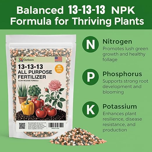 Gardenera 13-13-13 Slow Release Granular Fertilizer – All Purpose Plant Food 13 13 13 for Outdoor Grass, Vegetables, Roses, Flowers, Shrubs, Trees. Lawns, Gardens, Potted Plants (4 Quarts)