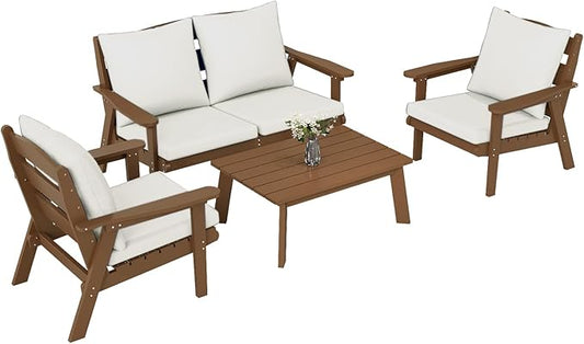 FOOWIN 4-Piece Patio Furniture Set, HDPE All-Weather Outdoor Conversation Set with Thick Cushions, Sectional Patio Sofa Furniture for Deck, Porch, Lawn, Garden, Brown Frame & White Cushion