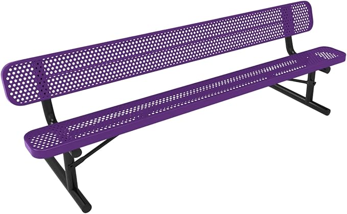COATEDOUTDOORFURNITURE Coated Outdoor Furniture Heavy-Duty Portable Outdoor Bench Thermoplastic Coated, Punched Steel, Commercial-Grade Seating, Made in America (Portable with Back, 8 Ft, Purple)