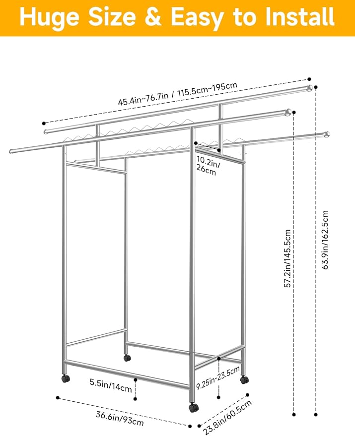 SAN LIKE Garment Rack with Wheels, Heavy Duty Load 550 lbs 3-Rod Standing Clothing Rack 3.8' to 6.4' Extendable Metal Clothes Rack, Portable Foldable Drying Rack for Clothes, Quilt, Comforter, Blanket