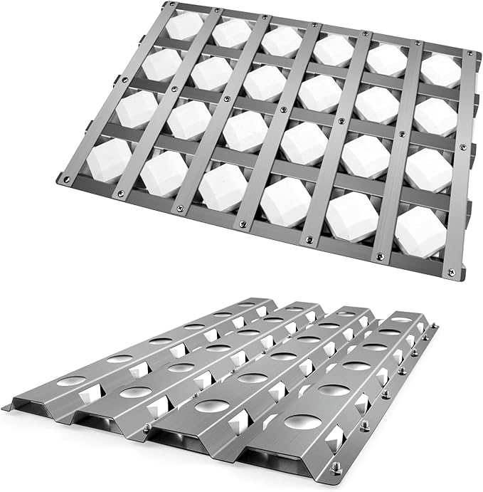 Kalomo 17.8125" Grill Heat Plates Grill Briquette Tray for Alfresco Grill ALX2-30C, ALX2-42C, ALX2-42RFG, ALX2-56, ALX2-56BFG, Stainless Steel BBQ Heat Shield Flame Tamer with 48 Ceramic Briquettes