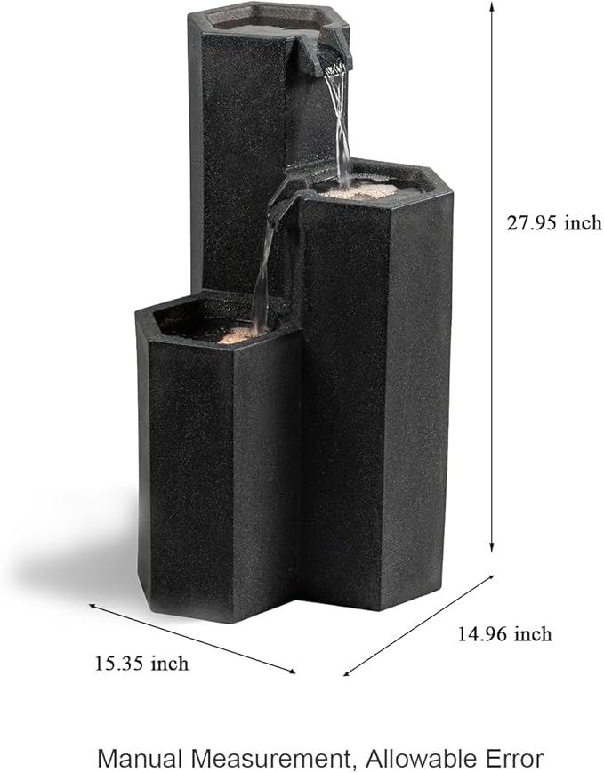 Puulye 27.95" H Outdoor Water Fountain Made with Eco-Friendly Recyclable Materials, Polyethylene Cascading Waterfall Fountain, Garden Waterfall Decor with LED Light & Pump for Patio, Backyard