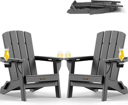 Folding Adirondack Chair 2 Pack, HDPE All-Weather Fire Pit Chairs, Plastic Adirondack Chairs with 2 Cup Holder, Outdoor Lawn Chair for Patio Garden (Grey)