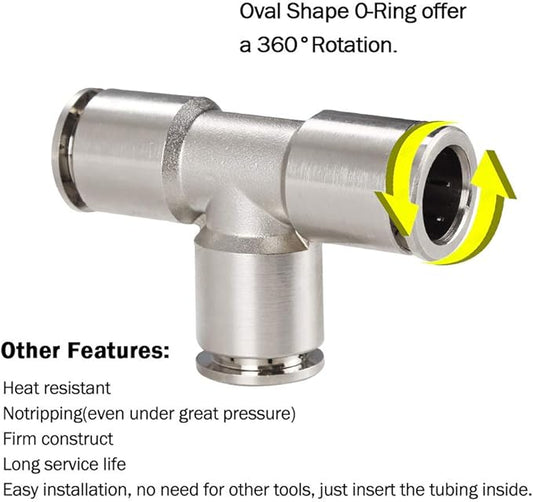 Beduan Push to Connect Tube Fitting Union Tee, Copper Nickle-Plated 1/4" Tube OD 3 Way Tee Shaped Union Adapter Fitting (Pack of 5)