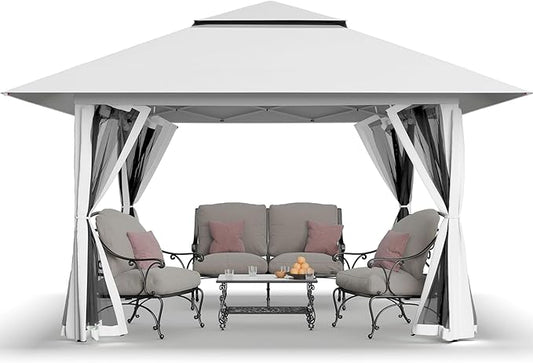 CROWN SHADES 13x13 Pop Up Gazebo, Canopy Tent, Gazebos on Clearance - Outdoor Gazebo for Backyard & Patio Furniture - Carpa Pop Up Tent with Wheeled STO-N-Go Cover Bag (White)
