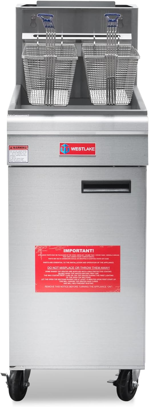 WESTLAKE Commercial Gas Deep Fryer, Stainless Steel Free Standing Floor Frye with Baskets 3 Tube 90000 BTU 40LB for Restaurants