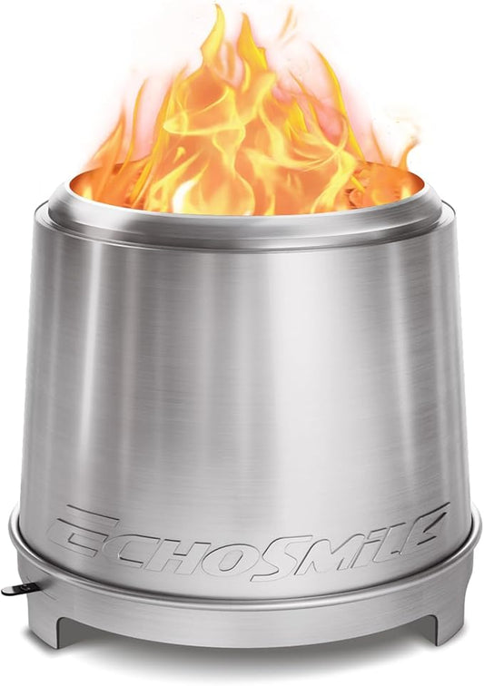 EchoSmile Stainless Steel Smokeless Fire Pit, 18-Inch Wood-Burning Outdoor Firepit with Adjustable Airflow, Three-Layer Combustion, Removable Ash Pan, Portable Fire Pit for Backyard, Patio & Camping