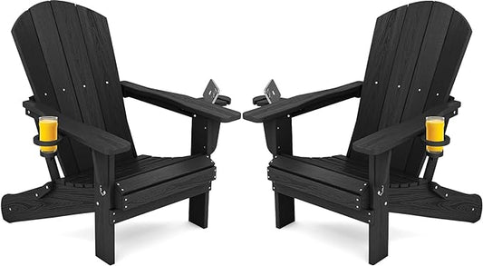SERWALL HDPE Folding Adirondack Chair with Dual Cup Holder - Composite Adirondack Chair Set of 2- Black