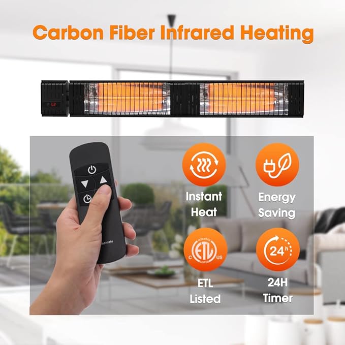 ThermoMate Infrared Electric Patio Heater, 3000W Carbon Fiber Heating for Outdoor/Indoor, Porch, Deck, Garage with Remote 24 Hours Timer, Hard Wired 240V