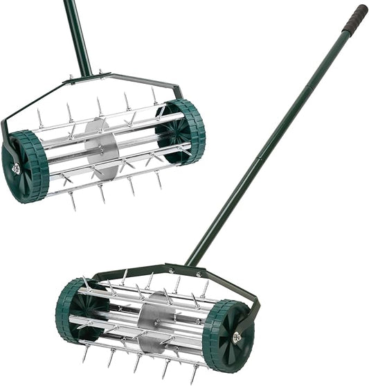18-Inch Spike Rolling Lawn Aerator for Grass. Heavy Duty Manual Push Aerator Lawn Tool,Soil Health for Garden&Yard Tool(Green)